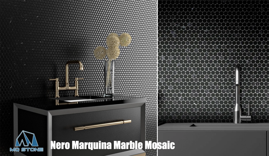 Nero Marquina 黒大理石ペニー ラウンド モザイク タイル プロジェクト MQ STONE