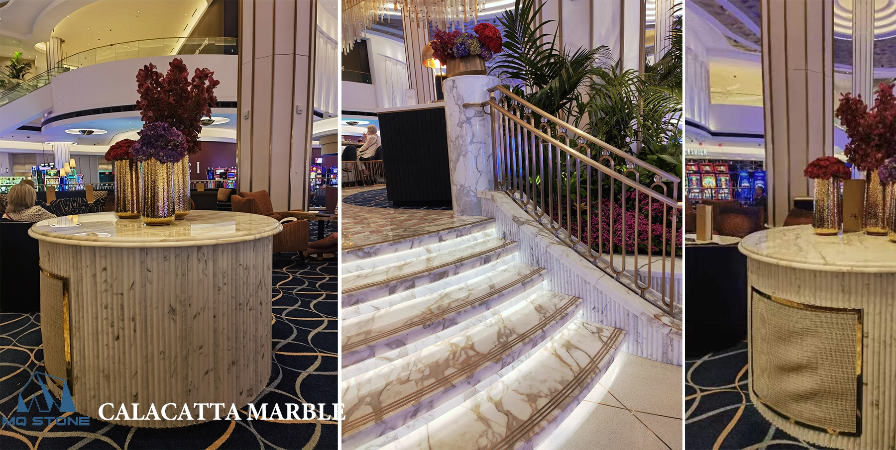 Calacatta Marble Tables and Stairs in Casino Lobby MQ STONE