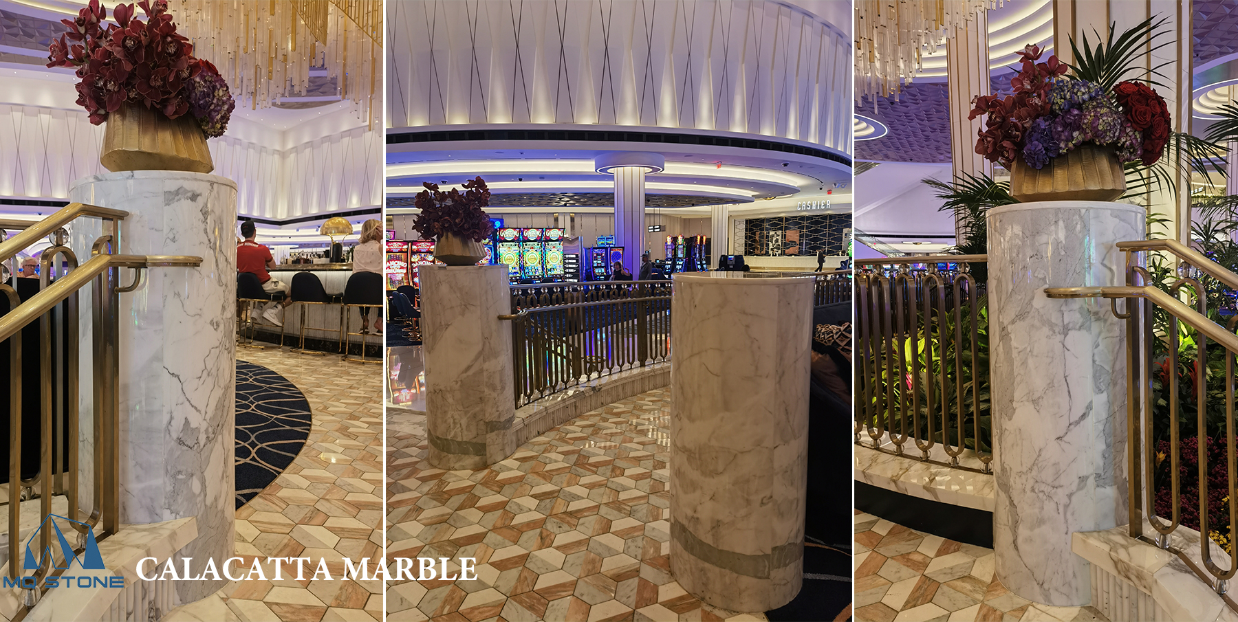 Calacatta White Marble Stair Pillar Columns in Casino Lobby MQ STONE
