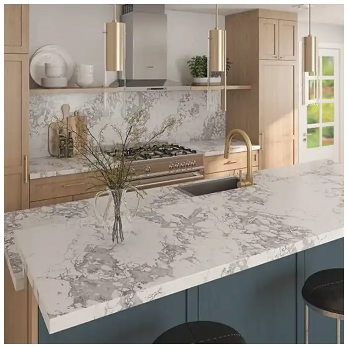 Blanca Arabescato Quartz Kitchen Top Designs in Villas Blanca Arabescato Quartz kitchen countertop and island design in villa