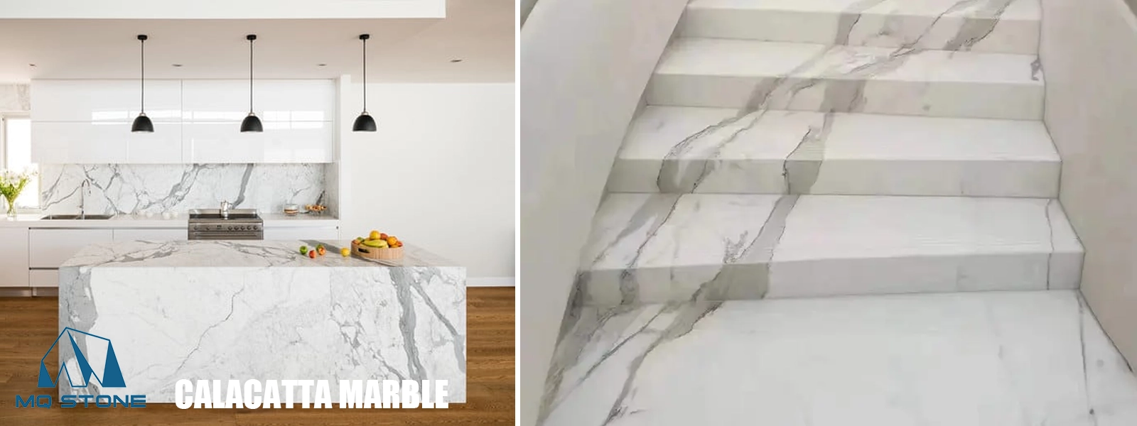 Calacatta White Marble Countertops and Stair Projects MQ STONE