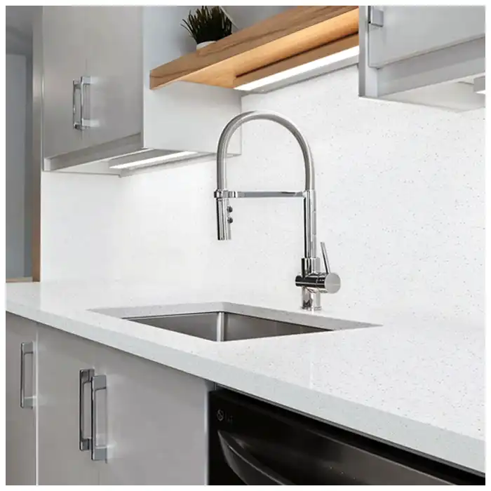Ice White Quartz Kitchen Countertops in luxury apartment projects Ice White Quartz Kitchen Countertops in luxury apartments with clean white quartz island and modern cabinetry
