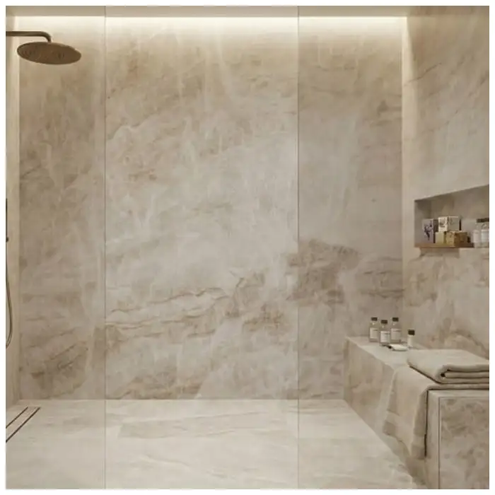 Taj Mahal quartzite wall and floor tiles in luxury bathroom shower design