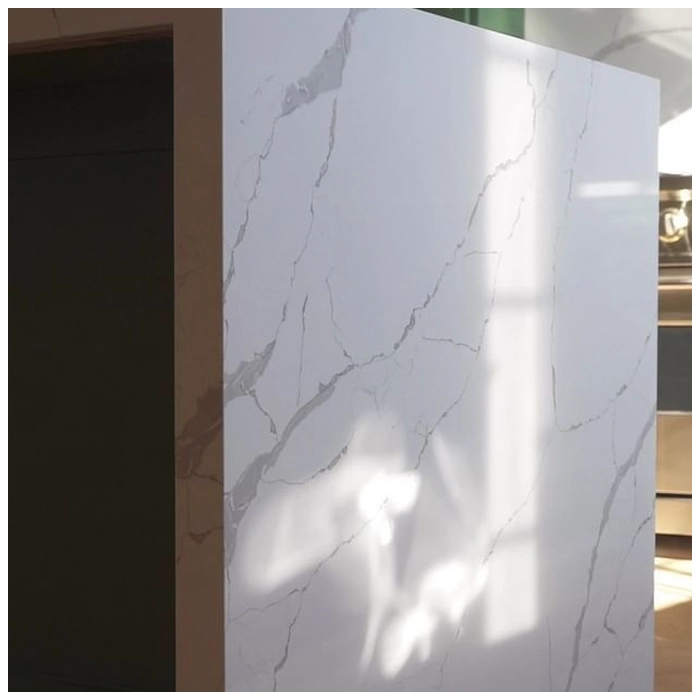 White Calacatta Quartz Waterfall Countertops In Mansions MQ STONE