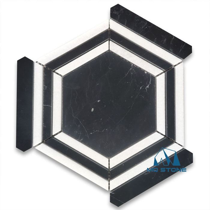 काले और सफेद संगमरमर षट्कोण मोज़ेक टाइल