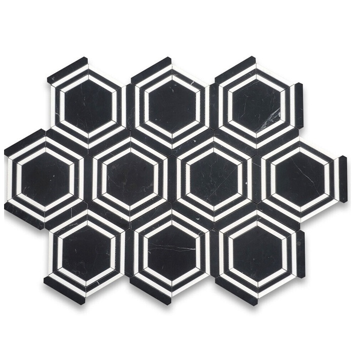 नीरो मार्क्विना थैसोस व्हाइट मार्बल हेक्सागोन जिओरामा जियोमेट्रिक टाइल