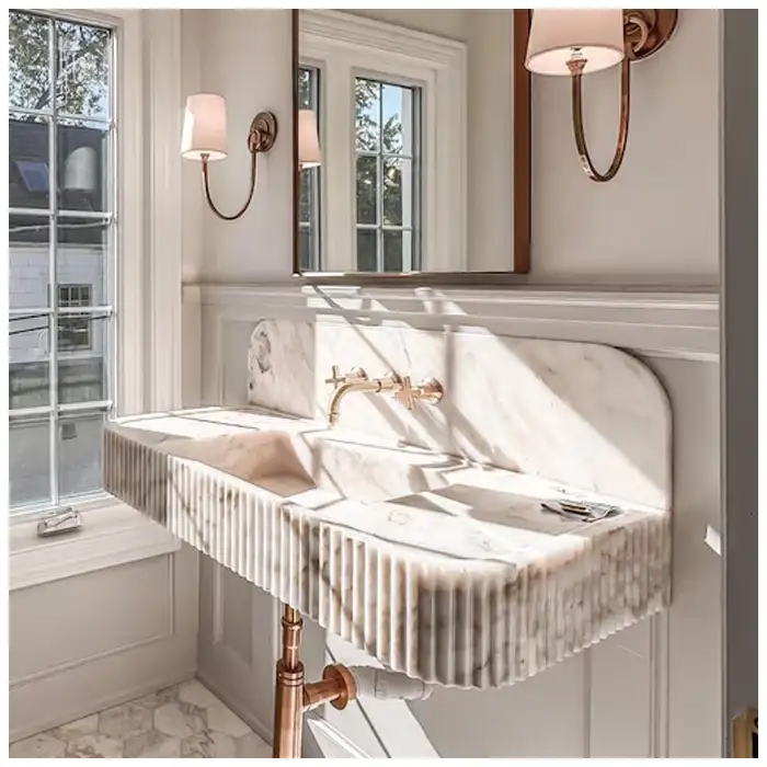 Calacatta Gold Marble Integrated Wall Hung Basins Luxury Villa Bathroom Projects