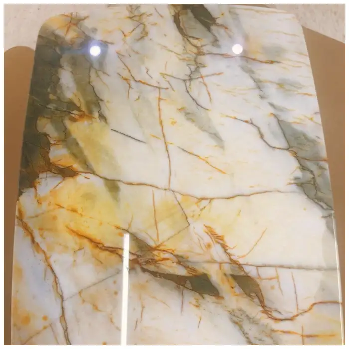 Aqua Vulcan Quartzite rectangle dining table detail with smooth edge processing