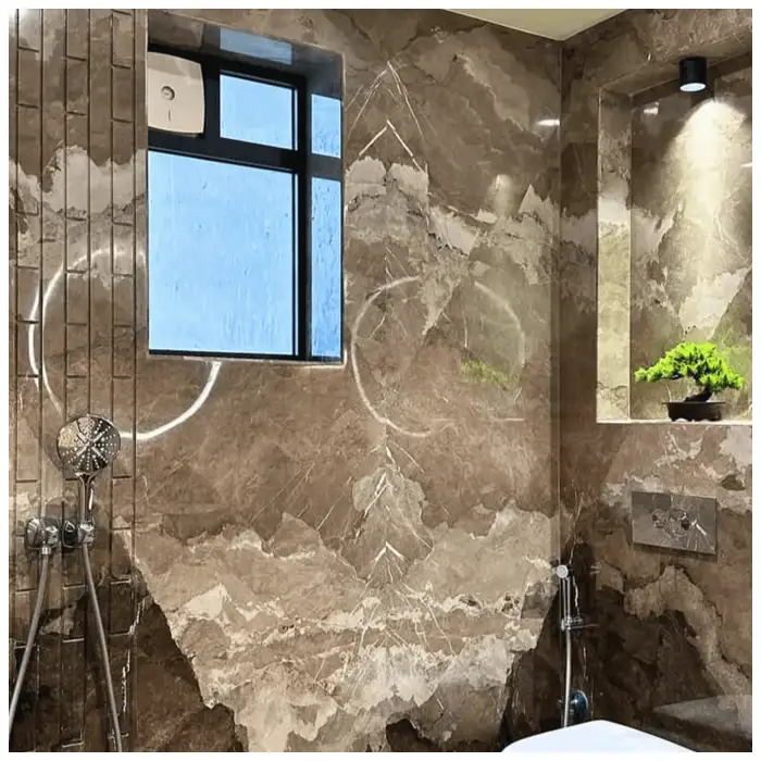 Brown Camouflage Marble luxury bathroom design with warm brown marble wall and vanity application