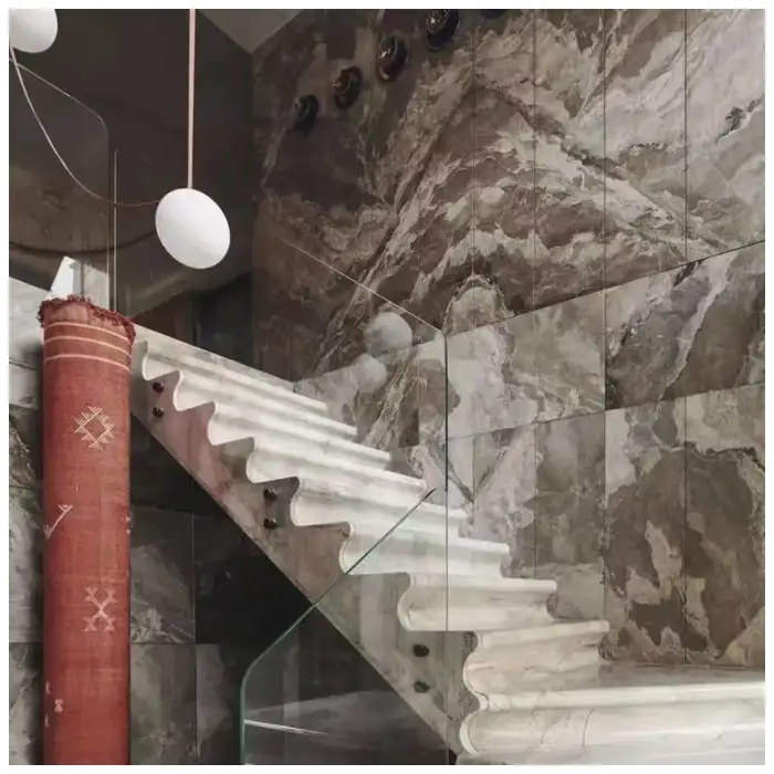 Brown Camouflage Marble villa stair and wall project with warm natural brown stone finish