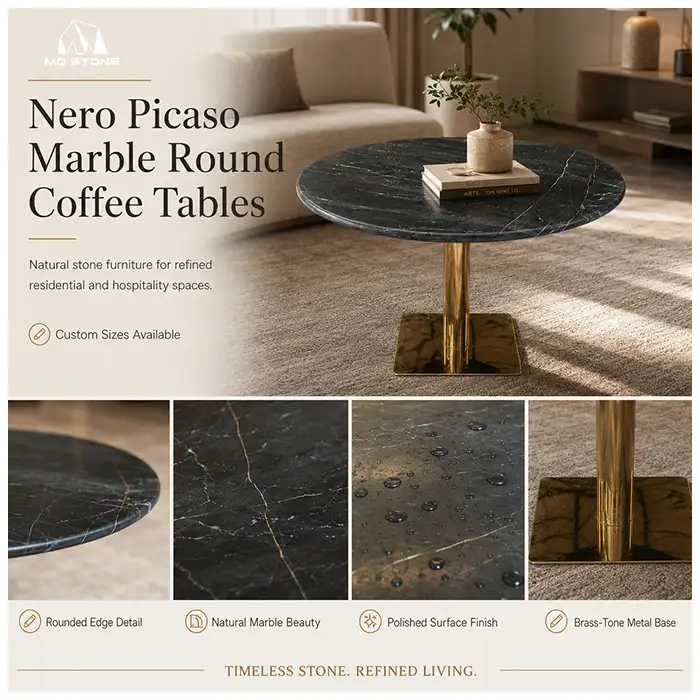 Nero Picaso Marble round side table with deep black stone surface and white gold veining