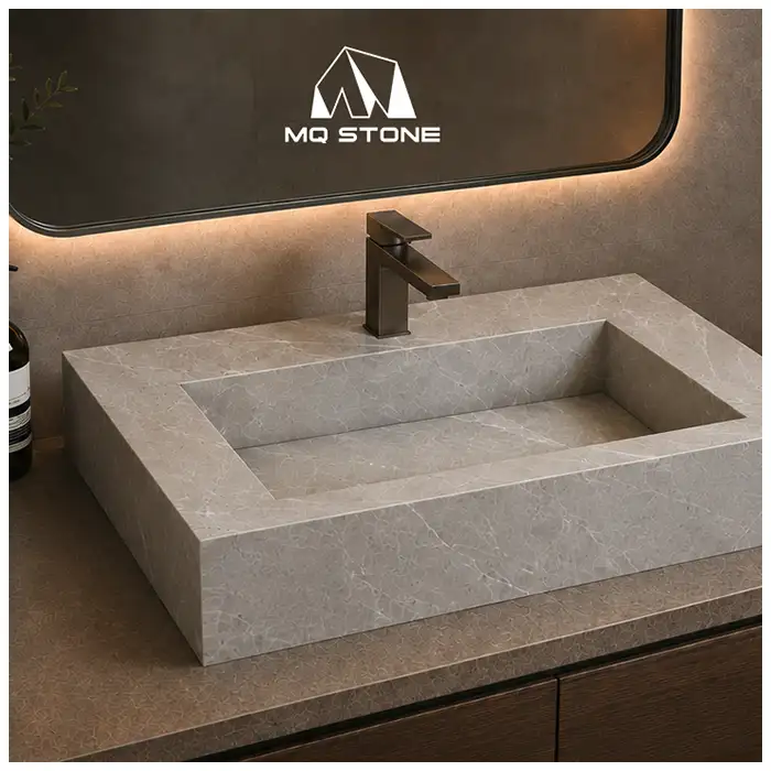 Tundra Grey Marble wall hung basin bathroom project application for hotel and resort interiors
