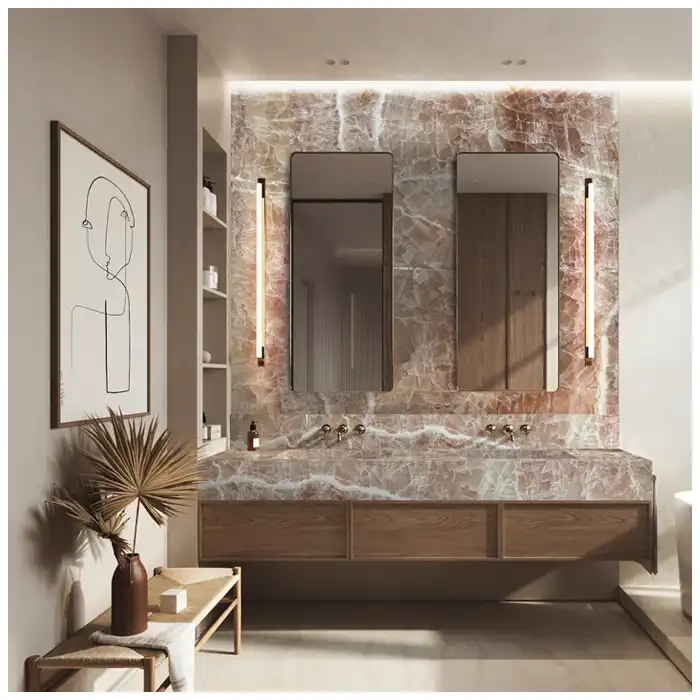 exotic-quartzite-slab-thickness-checked-at-a-finished-edge-beside-wall-panel-island-and-furniture-drawings