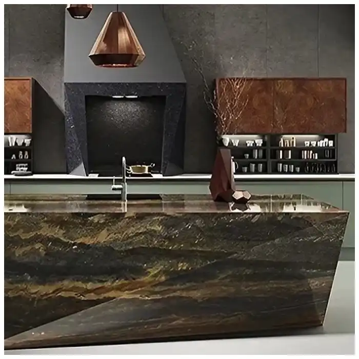 Jacaranda-quartzite-honed-slab-under-diffuse-and-raking-interior-light-with-mineral-movement-and-edge-sample Jacaranda-quartzite-honed-slab-under-diffuse-and-raking-interior-light-with-mineral-movement-and-edge-sample