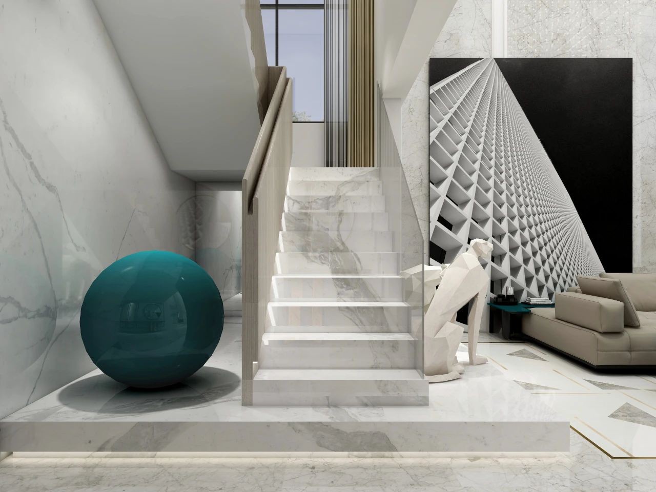 ヴィラ内部空間のカラカッタ大理石階段-MQ STONE