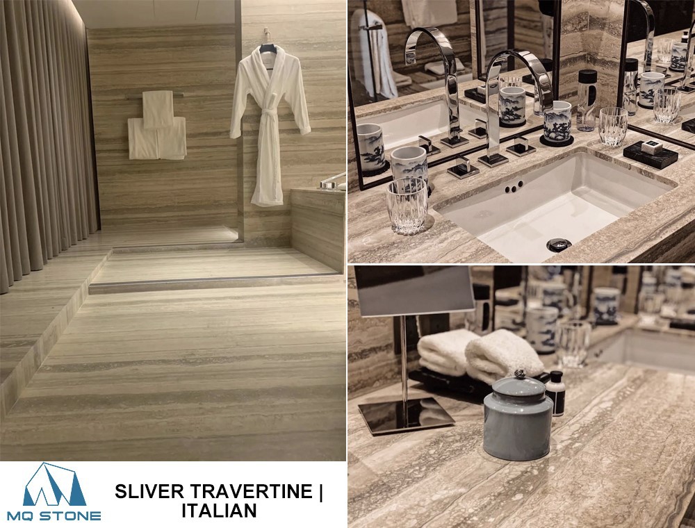 Silberne Travertin-Badfliesen und -Arbeitsplatten für Hotelprojekte