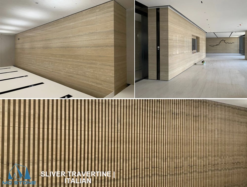 Silberne Travertin-Wandverkleidungsfliesen für Bürogebäudeprojekte